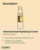 COSRX Snail Peptide Eye Cream with 73.7% Snail Mucin and Niacinamide - Brightening Korean Night Cream for Fine Lines and Dark Circles