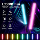 Godox LC500R Mini RGB LED Video Light Stick Lighting,2500K-8500K Adjustable, CRI 95 TLCI 96 Accurate Color, 360° Full-Color LED Light,15 FX Lighting Effects,0-100% Dimmable Support APP Control