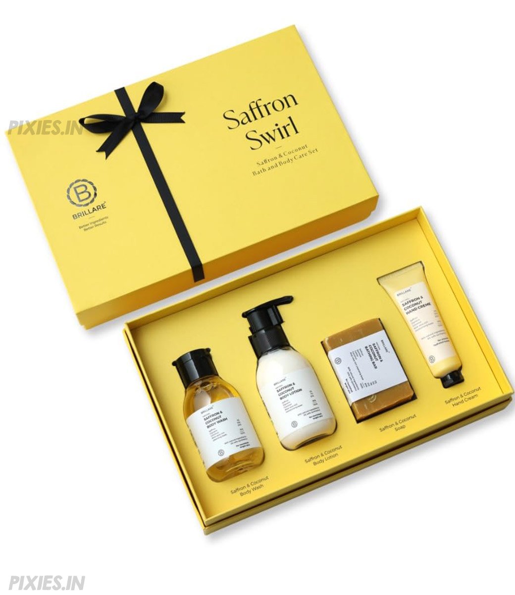 Brillare Saffron Swirl Saffron Body Wash, Body Lotion ,Soap & Hand Creme Gift Box (Pack of 4)
